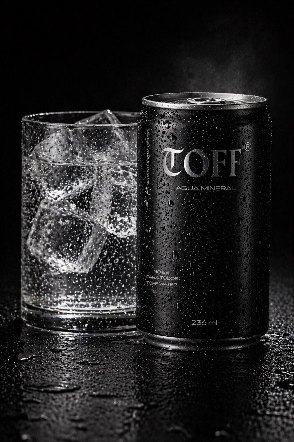 TOFF WATER servida — lata abierta, agua vertida en un vaso de cristal